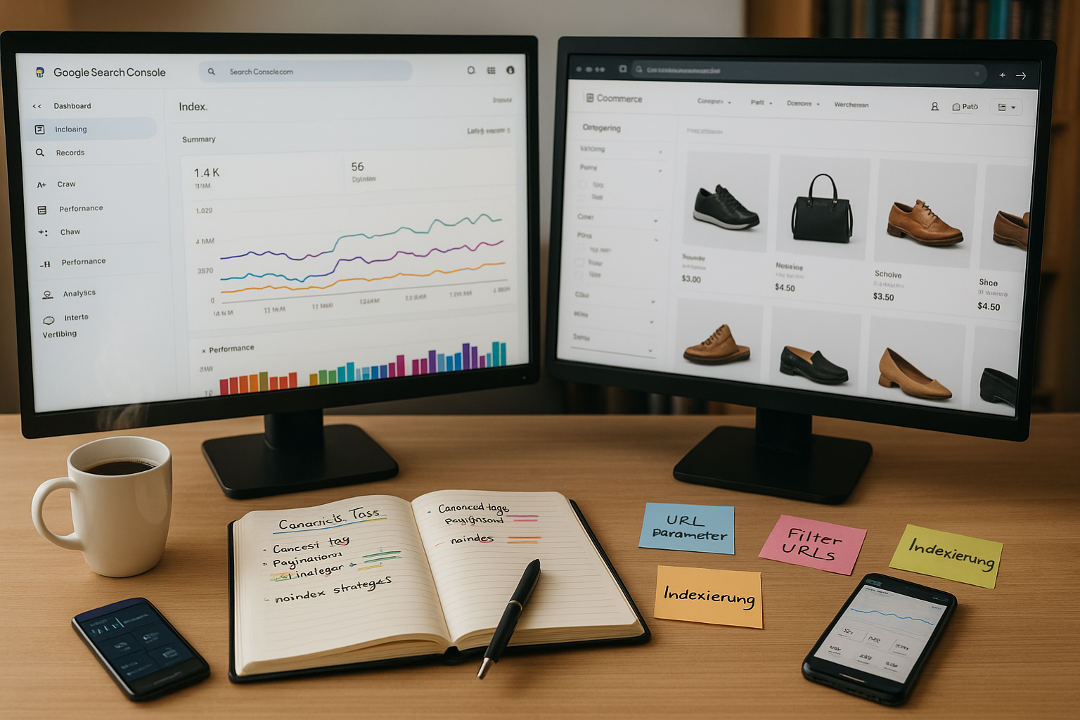 Nahaufnahme Schreibtisch mit zwei Monitoren zeigt Search Console mit Indexberichten und Shop-Kategorie mit Filtern, daneben Notizbuch mit Canonical-Notizen, Kaffeetasse und Smartphone, Tageslicht von links