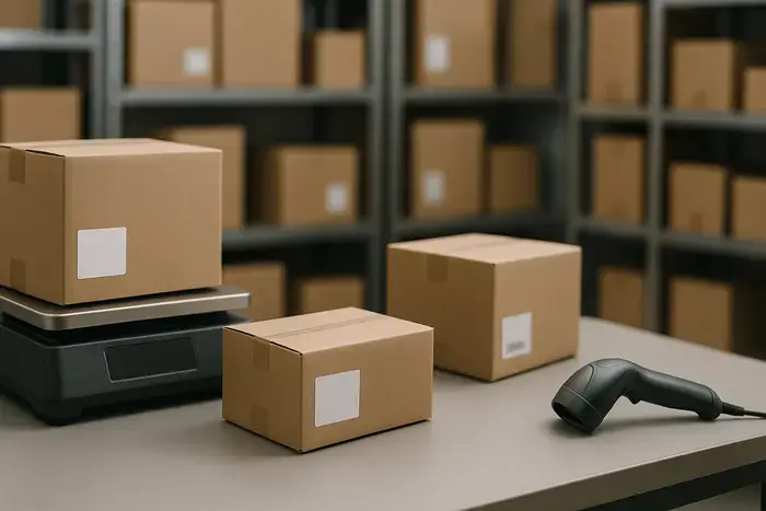 Neutrale Versandkartons, Paketwaage und Scanner an einer Kommissionierstation