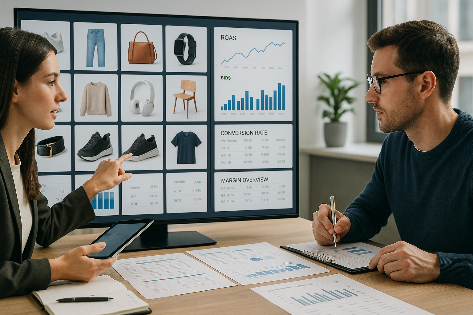 Detaillierte Szene eines modernen E-Commerce-Optimierungsprozesses mit Performance-Daten, einer Produktkategorien-Übersicht und mehreren Fachpersonen, die Tests, Gebotsanpassungen und Feed-Verbesserungen an Tablets und Dokumenten analysieren.