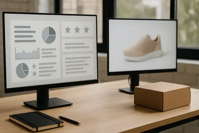 Arbeitsplatz zur Prüfung von Bewertungsprozessen und Produktdarstellung im Onlinehandel