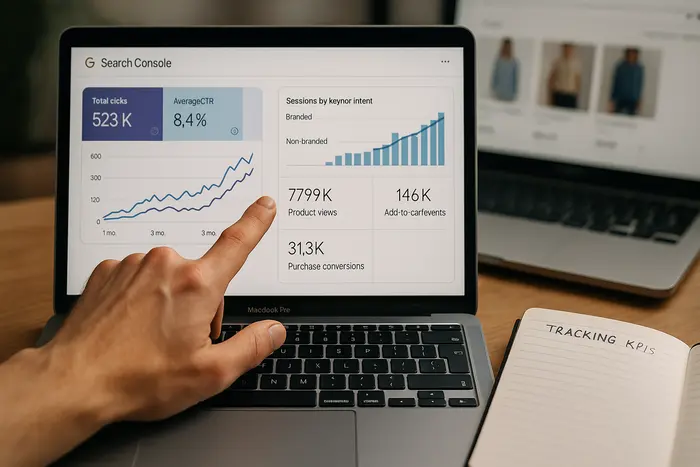 Laptop-Bildschirm zeigt Google Search Console mit Rankings und Click-Through-Rates, GA4-Dashboard mit Product Views, Add-to-Cart und Purchase-Ereignissen nach Quelle, Hand deutet auf steigende Umsatz-Kurve; Notizbuch mit Tracking-KPIs daneben.