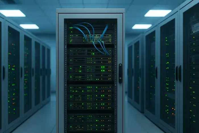 Serverraum mit LED-Leuchten an Serverschränken und Netzwerkkabeln