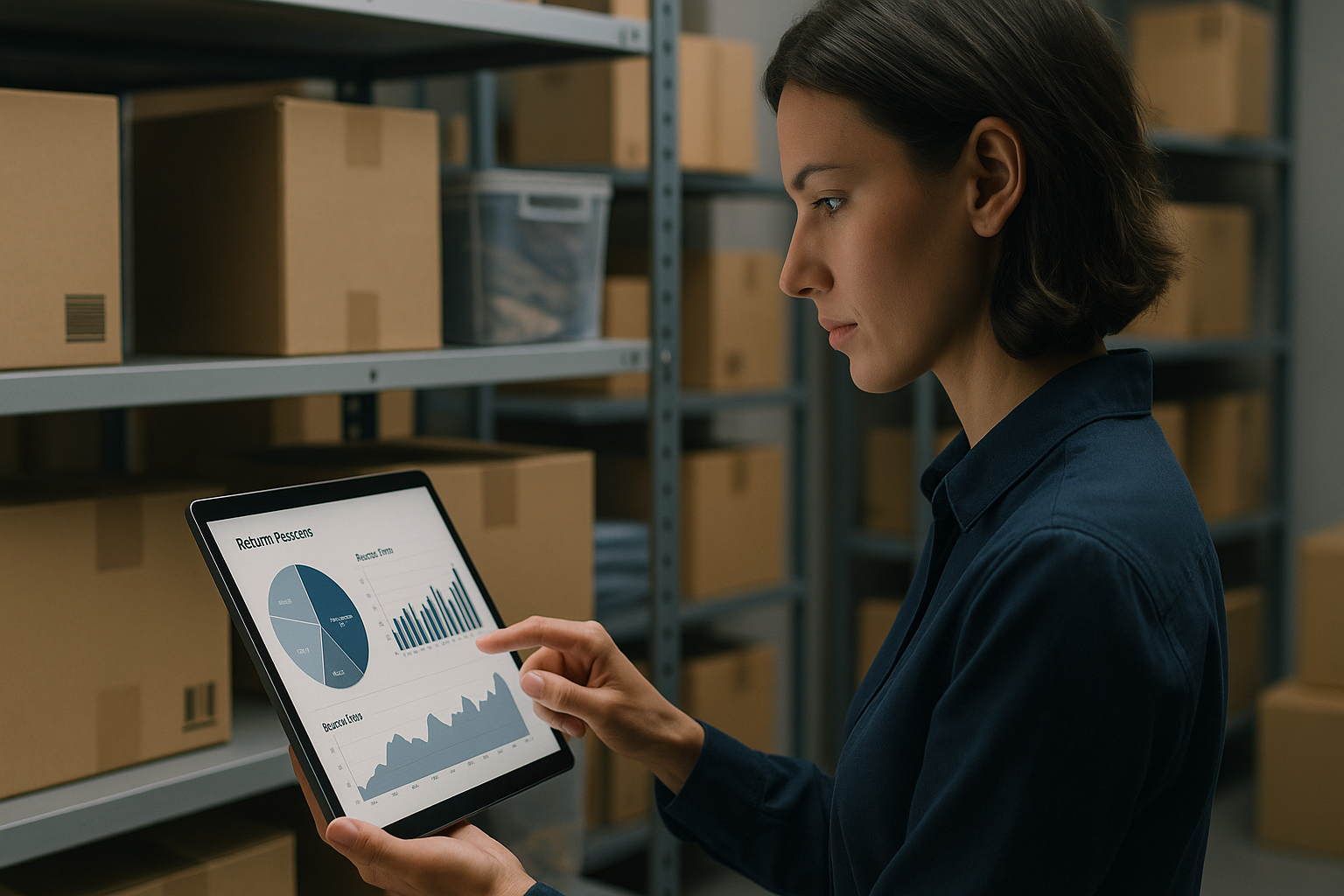 Person am Schreibtisch analysiert Diagramme und Tabellen auf Laptop-Bildschirm, daneben Notizen und Versandpakete, konzentrierte Arbeitsatmosphäre, warmes Licht, professionelle Büroumgebung