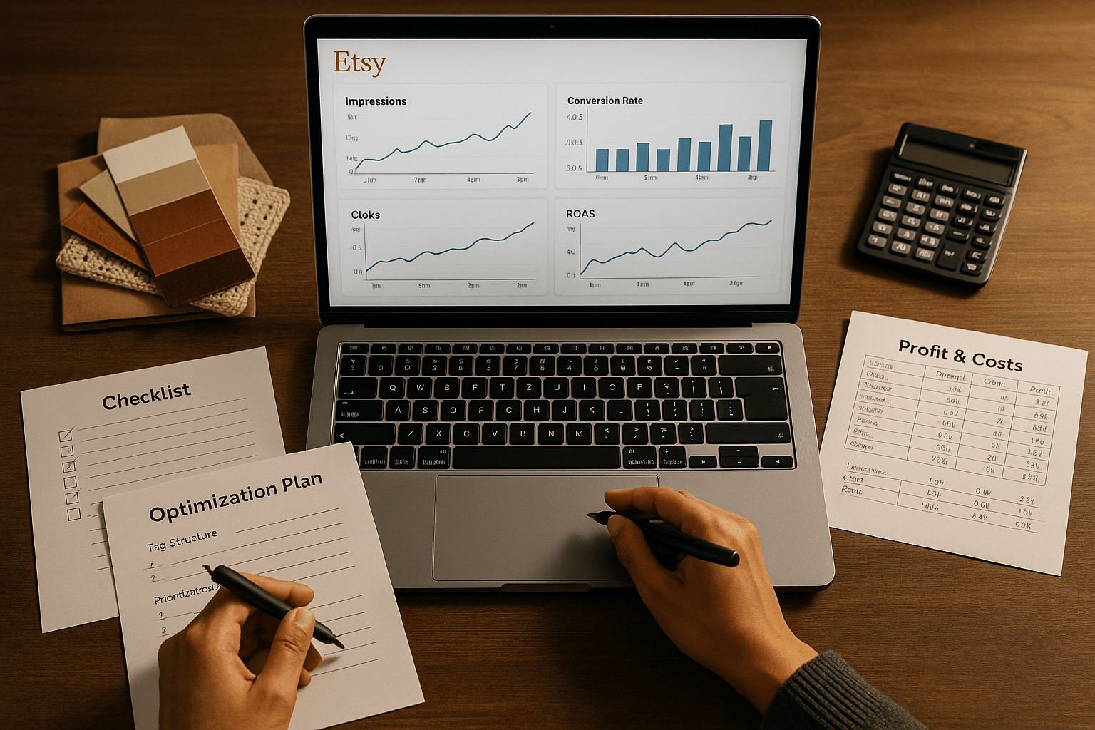 Detailliertes Analytics-Dashboard mit Grafiken zu Impressionen, Klicks, Conversion-Raten, ROAS pro Listing, daneben Notizen zur Profitabilität und Kostenstruktur