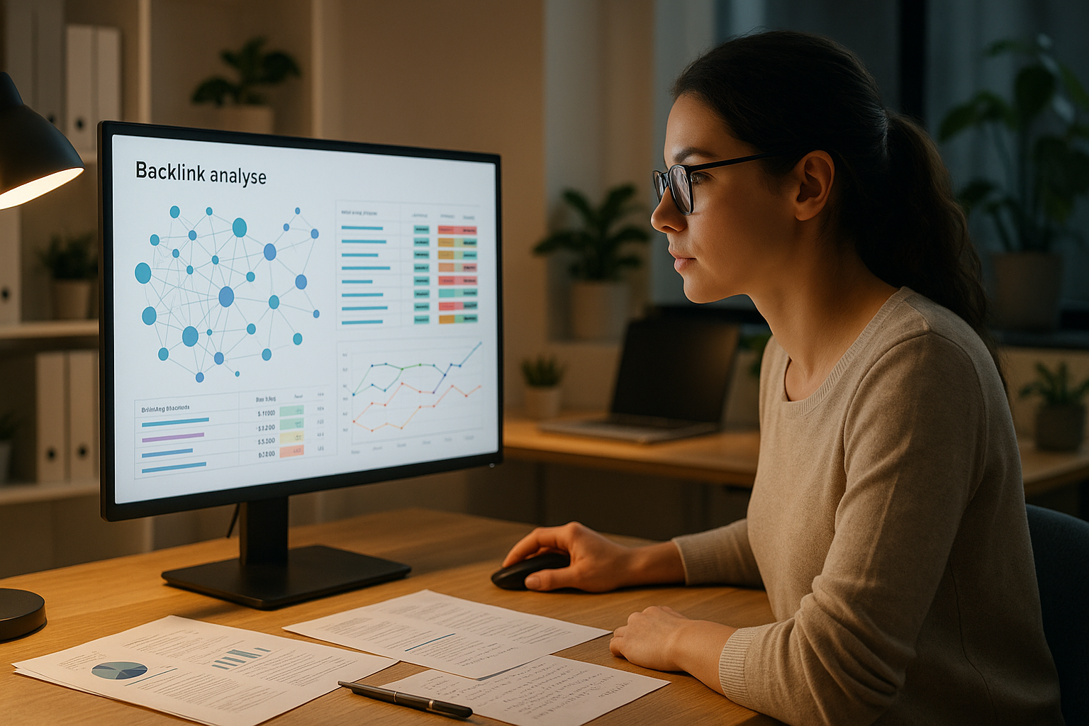 E-Commerce-Managerin überprüft detaillierte Backlink-Struktur und interne Verlinkung auf einem großen Bildschirm, umgeben von Notizen und Analyse-Reports in hellem Büroraum