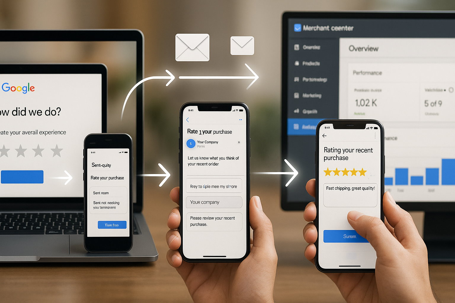 Operativer Workflow für Verkäuferbewertungen: automatisierte und manuelle Bewertungsprozesse, E-Mail-, SMS- und Messaging-Anfragen, Bewertungsaggregation und Anzeige in Google Shopping mit Sternenbewertungen