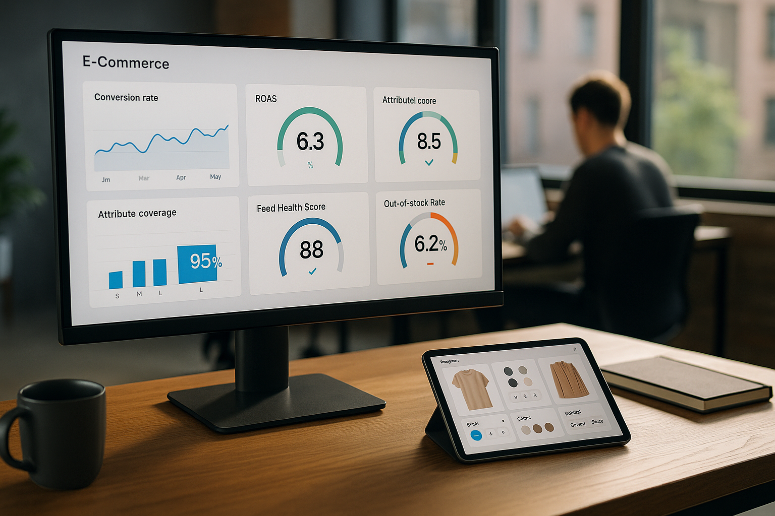 Detaillierte Dashboard-Ansicht auf großem Monitor mit E-Commerce-KPIs wie Conversion Rate, ROAS, POAS, Attribut-Abdeckung und Feed Health Score in übersichtlichen Diagrammen und Graphen in professionellem Arbeitsumfeld mit warmem Licht
