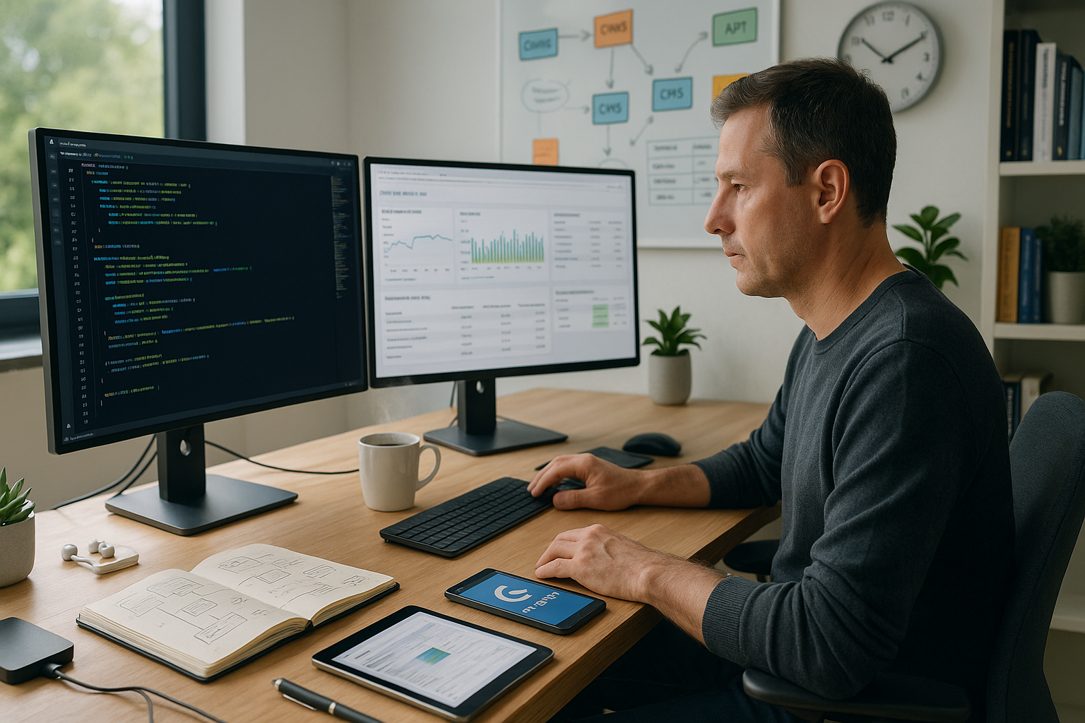 SEO-Experte analysiert Code und Performance-Daten auf zwei Monitoren zur Optimierung von Website-Struktur und technischer Suchmaschinenoptimierung.