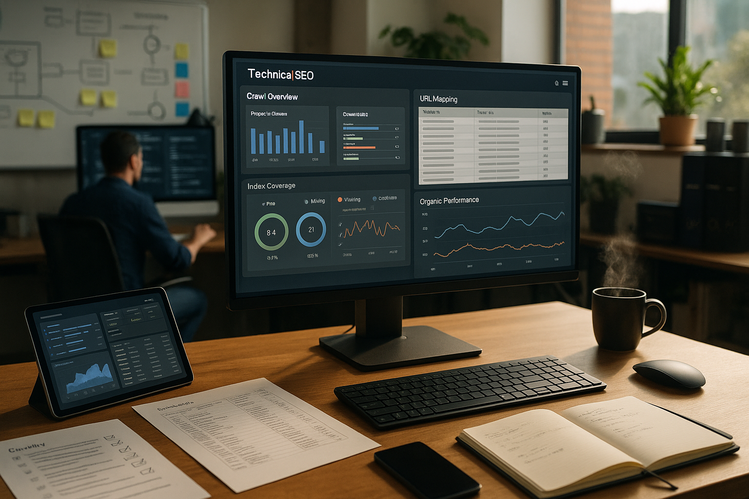 Nahaufnahme moderner Arbeitsplatz mit großem Monitor zeigt detaillierte Crawl-Daten und URL-Mappings, im Vordergrund Tastatur und Tablet mit Analytics-Dashboards, auf Schreibtisch liegen Redirect-Listen und Checklisten, im Hintergrund arbeiten Kollegen an weiteren Bildschirmen, warmes Tageslicht durch Fenster