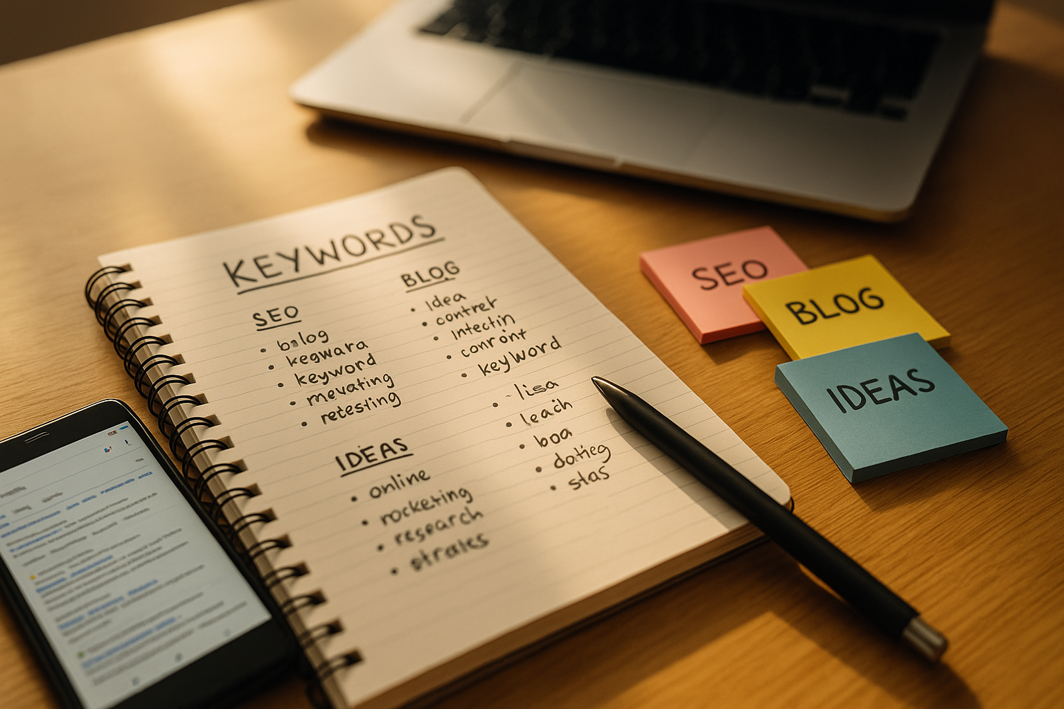 Nahaufnahme eines Notizblocks mit handschriftlichen Keyword-Listen, Sticky Notes mit Kategorienamen und einem Smartphone mit Suchergebnissen, auf einem hellen Holztisch, warmes Tageslicht, professionell und organisiert