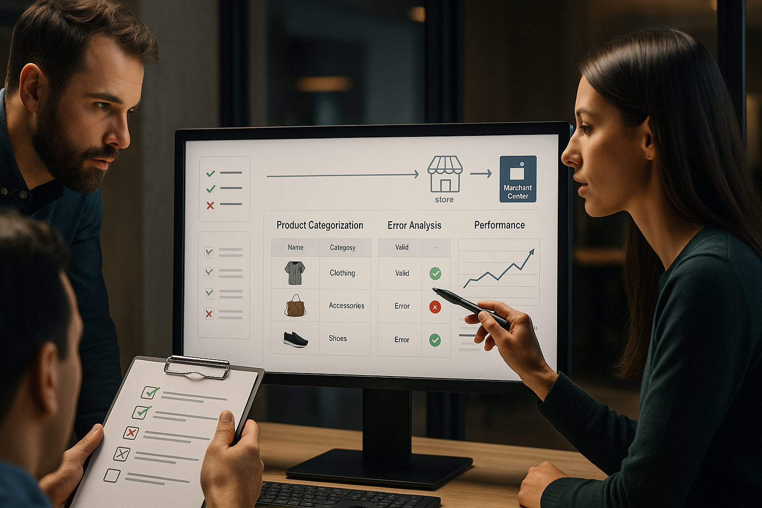 Feed-Management-Workflow mit Kategorisierungs-Mapping, Qualitätskontrolle und Fehler-Monitoring im Merchant Center Dashboard, zeigt Datenfluss und Validierung.