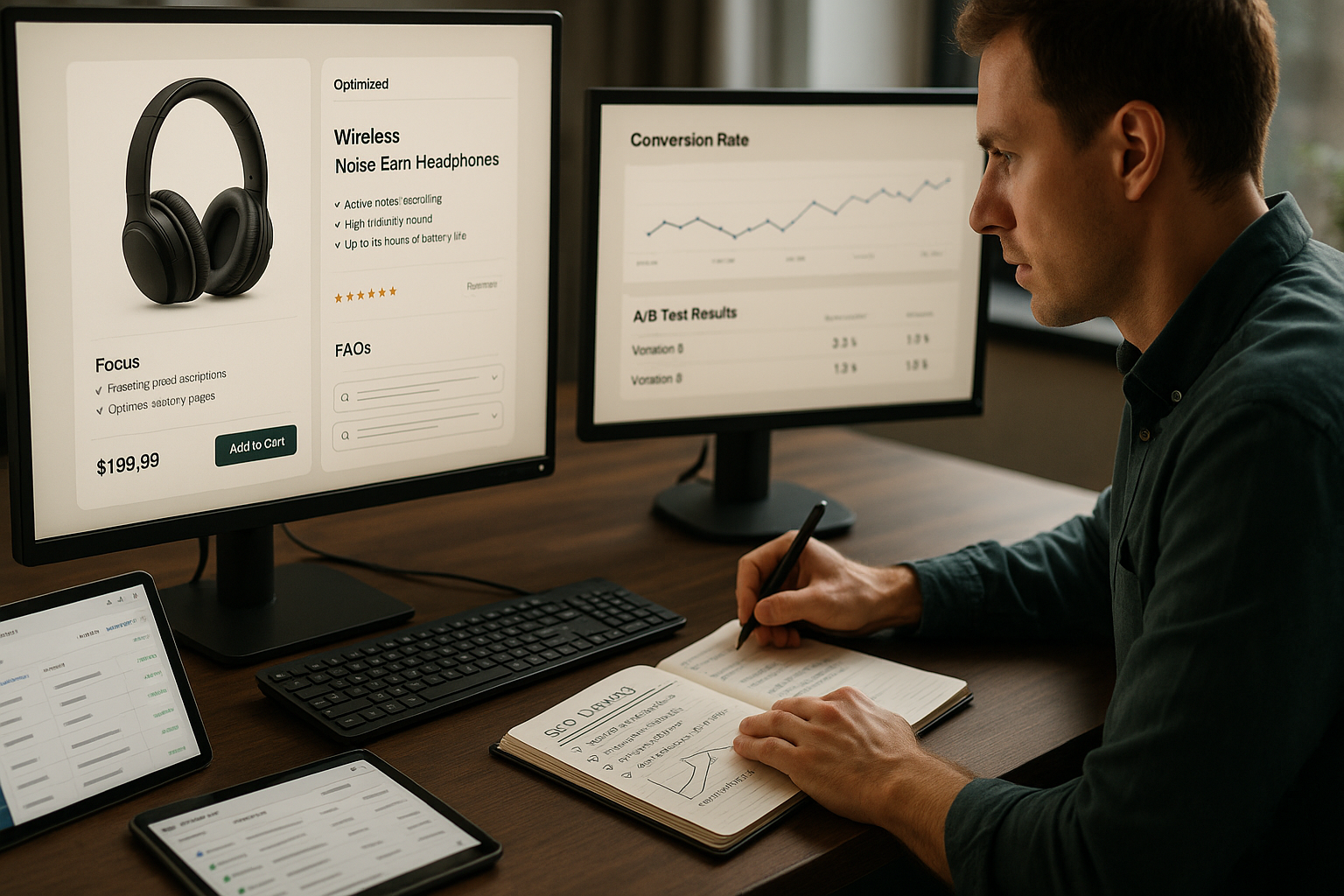 Professioneller E-Commerce-Manager sitzt konzentriert am Schreibtisch mit mehreren Monitoren, analysiert Conversion-Daten und erstellt einen priorisierten SEO-Optimierungsplan mit Notizbuch und Checklisten.