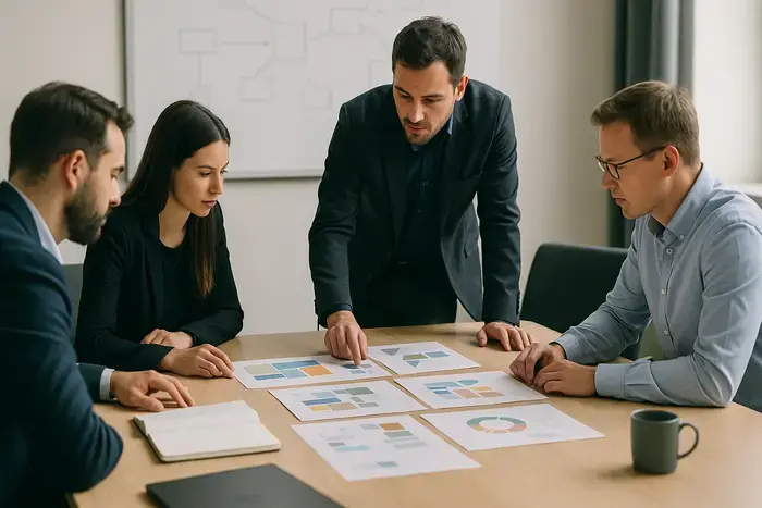 Team-Meeting mit analytischem Fokus auf E-Commerce-Strategieplanung und Datenanalyse