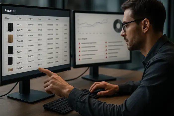 E-Commerce-Professional analysiert Produktdaten-Tabellen mit Fehlerberichten und Performance-Metriken auf mehreren Monitoren.