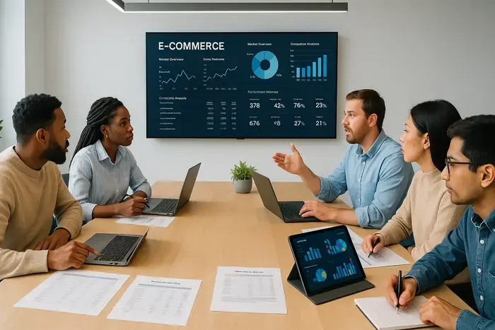 E-Commerce-Team diskutiert Markttrends und Preisstrategien um Konferenztisch mit Laptops, Preisvergleichsdaten und Live-Marktinformationen
