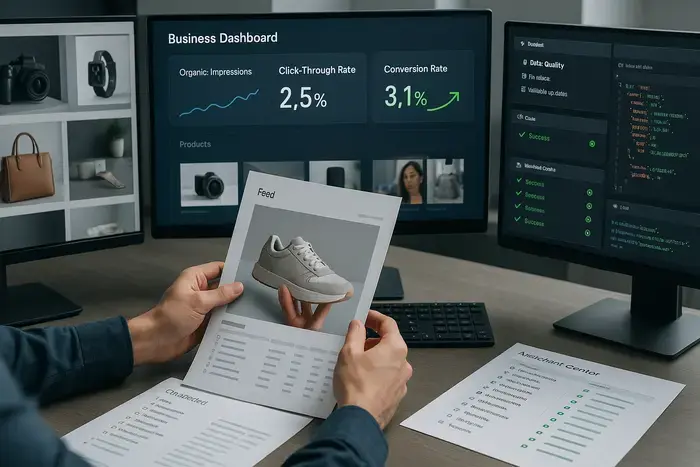 Kontinuierliche E-Commerce-Optimierung: Dashboard mit Feed-Datenqualität, organischen Impressions-Metriken, Fehlerquoten-Monitoring und Conversion-Tracking für das Produktdaten-Management.