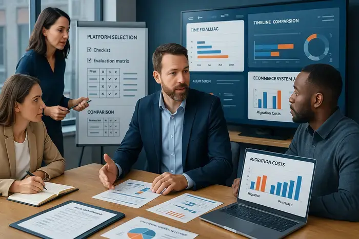 Agentur-Experten führen Workshops durch und evaluieren E-Commerce-Systeme anhand strukturierter Checklisten, Vergleichsmatrizen und Anforderungsanalysen
