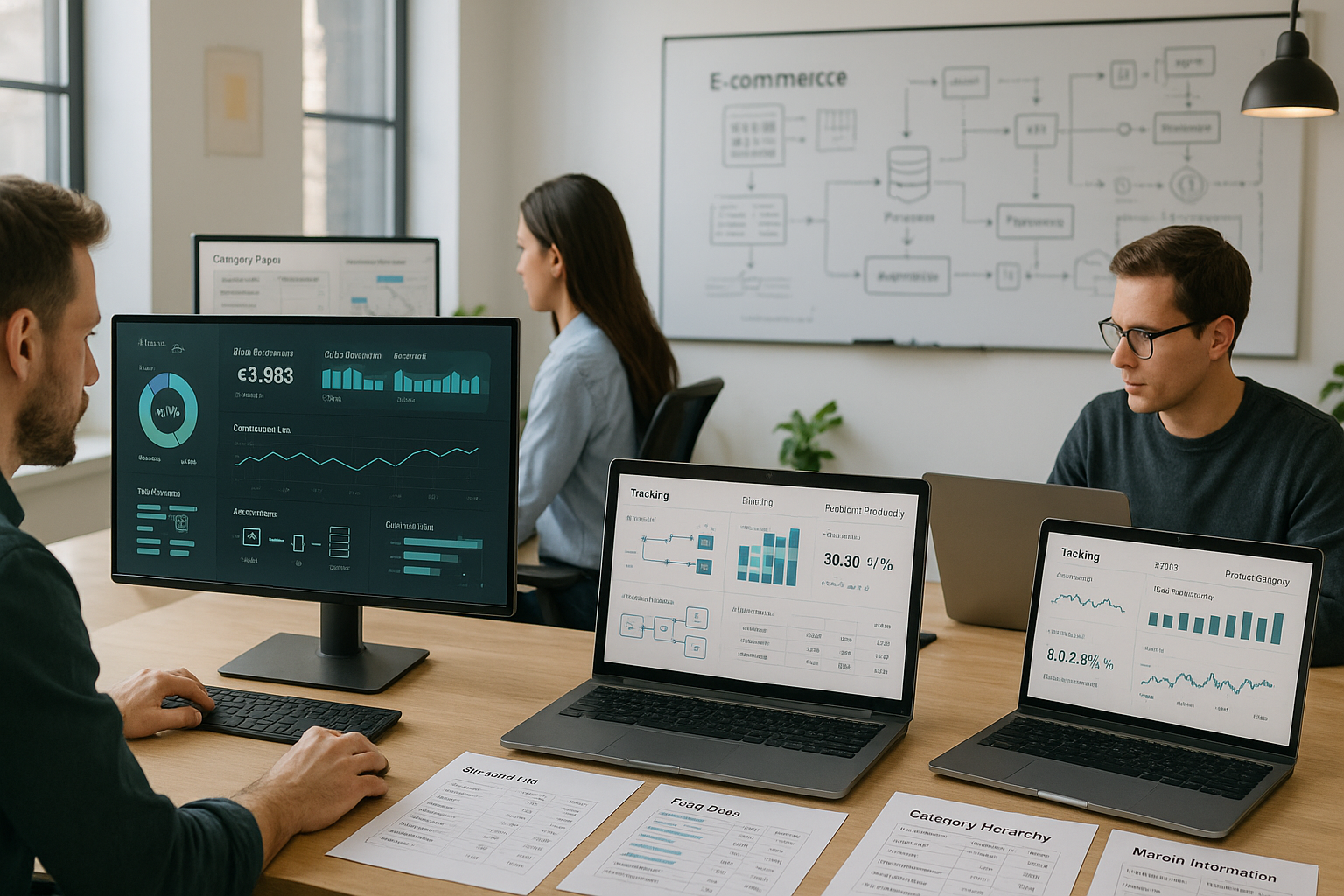 Team arbeitet an E-Commerce-SEO-Optimierung mit Kategorieseiten-Analyse, Produktdaten-Cleanup und automatisierten Datenflüssen auf mehreren Monitoren mit Dashboard-Ansichten