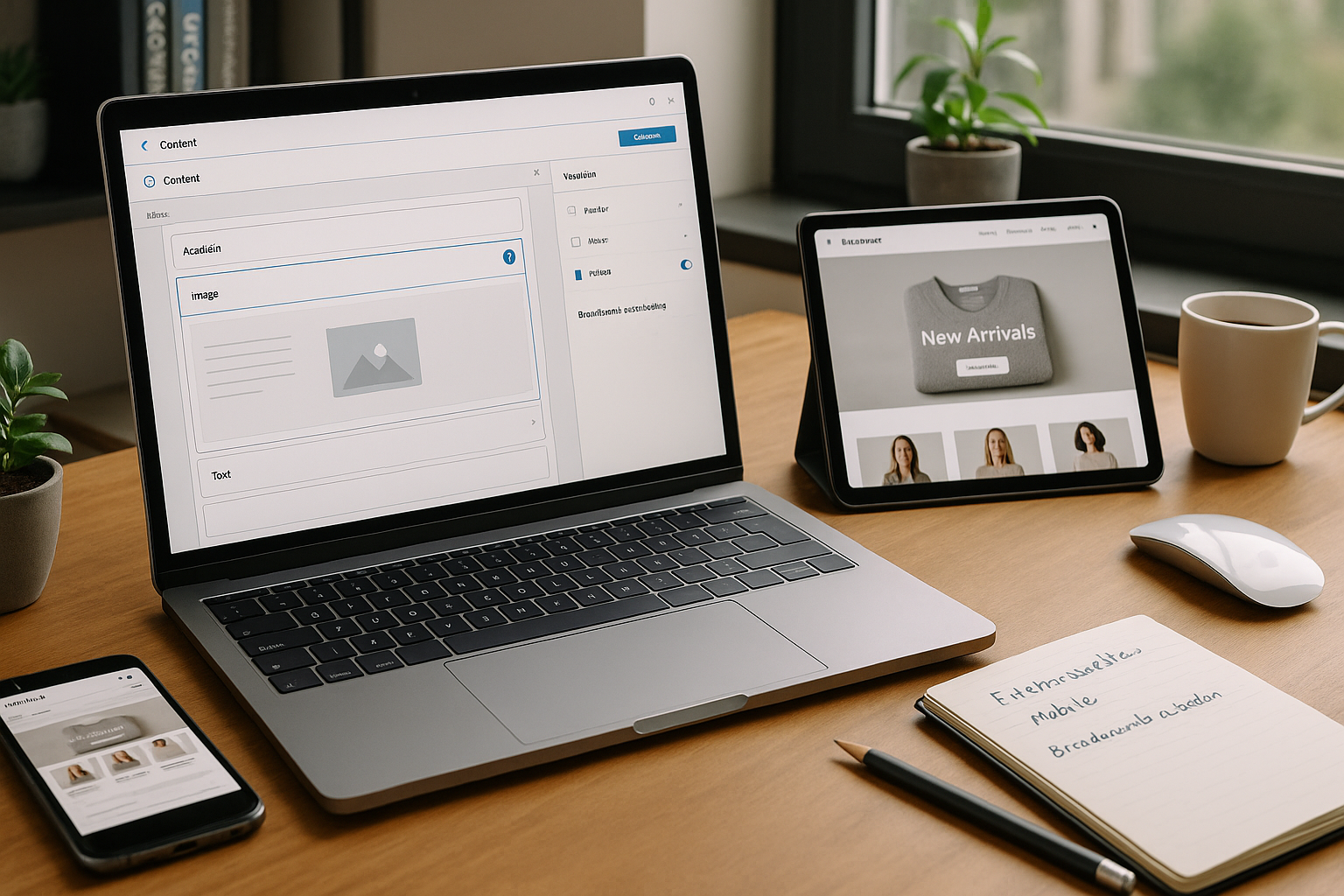 Laptop mit Content-Management-System zur Pflege von Website-Inhalten, daneben Tablet mit Produktübersicht eines Online-Shops zur Optimierung der Content- und E-Commerce-Struktur.