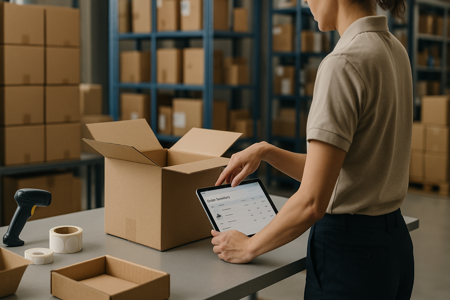 Detailansicht eines modernen Fulfillment-Centers mit Versandkartons, Barcode-Scannern und Tablets, die Bestellübersichten zeigen, in gut ausgeleuchteter Logistikumgebung mit strukturierten Regalen