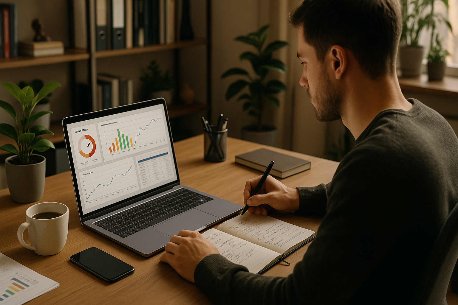 Person analysiert Laptop-Bildschirm mit Backlink-Diagramm und Trust-Flow-Kennzahlen, Arbeitsplatz mit Kaffeetasse und Notizblock, moderne Büroumgebung mit Tageslicht, Fokus auf Datenvisualisierung und strategische Entscheidungsfindung, professionelle Arbeitsatmosphäre, Zimmerpflanze im Hintergrund