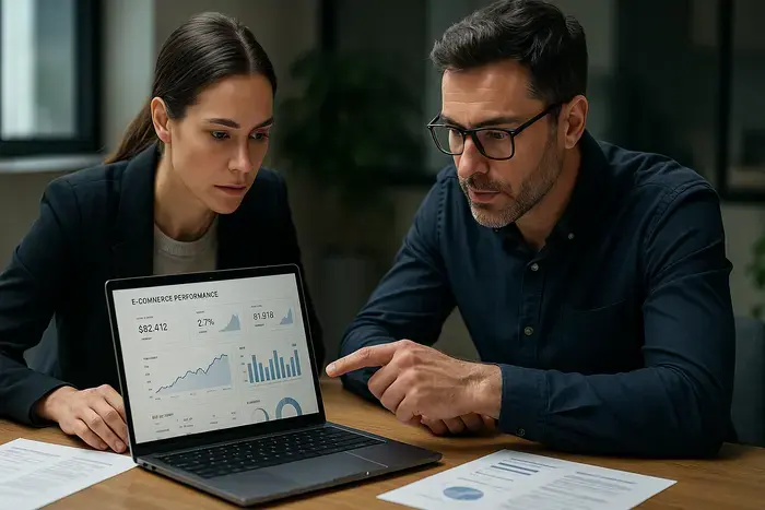 Zwei E-Commerce-Experten analysieren konzentriert Shopware-Metriken und KPI-Dashboards auf dem Laptop, sprechen über Konversionsdaten.