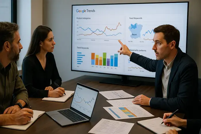 Team-Meeting mit mehreren E-Commerce-Managern analysiert Google Trends auf großem Monitor-Display mit Vergleichs-Kurven, daneben liegen Planungskalender mit farbigen Eintragungen und Checklisten zur Trend-Validierung
