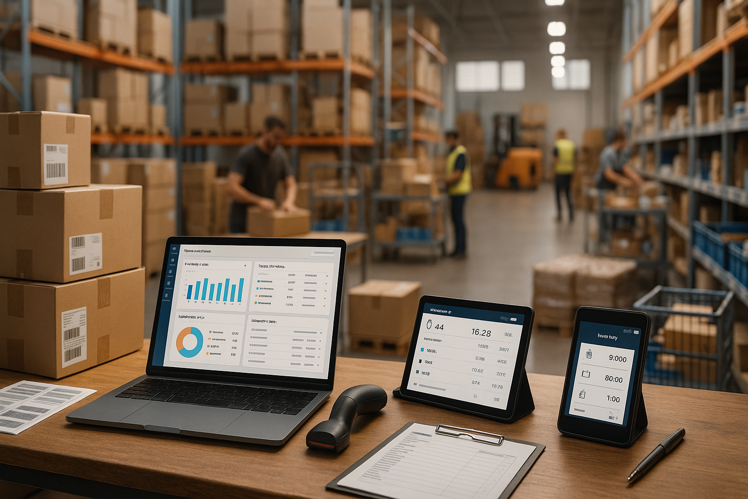 Detailansicht eines Warehouse-Arbeitsplatzes mit aufgeklapptem Laptop auf robustem Tisch, auf dem Bildschirm Dashboard für Bestandsmanagement und Produktdaten-Synchronisation sichtbar, daneben Tablet mit Echtzeit-Bestandsanzeigen, Barcode-Scanner, Stapel von Versandetiketten, Kugelschreiber, Klemmbrett mit Checkliste, im Mittelgrund gestapelte Kartons mit Versandetiketten, Rollwagen mit Produkten, Regale mit sortierten Artikeln, Paletten mit Warenbeständen, Mitarbeiter im Hintergrund beim Packen oder Scannen, im Hintergrund hohe Lagerregale bis unter die Decke befüllt mit Kartons und Paketen, Gabelstapler in der Ferne, große Industrieleuchten an der Decke, Tageslicht durch hohe Fensterfronten oder Oberlichter, helle und freundliche Atmosphäre, praktische und organisierte Arbeitsumgebung mit warmer natürlicher Beleuchtung und leichtem Tiefenschärfe-Effekt, warme Braun- und Beigetöne der Kartons, graue Regale, weiße und blaue Akzente, Perspektive leicht von oben und seitlich, Details wie Produktetiketten, Barcodes, Versandkartons verschiedener Größen, Klebeband, Schutzfolie, Paketwaage, Regaletiketten mit Nummern, LED-Arbeitsleuchten, Betonboden mit Markierungen, Sicherheitsschilder, Mitarbeiter in Arbeitswesten, Stapelboxen, Warenwagen, Verpackungsmaterialien
