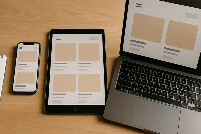 Mehrere mobile Endgeräte bei der Prüfung eines responsiven Online-Shops