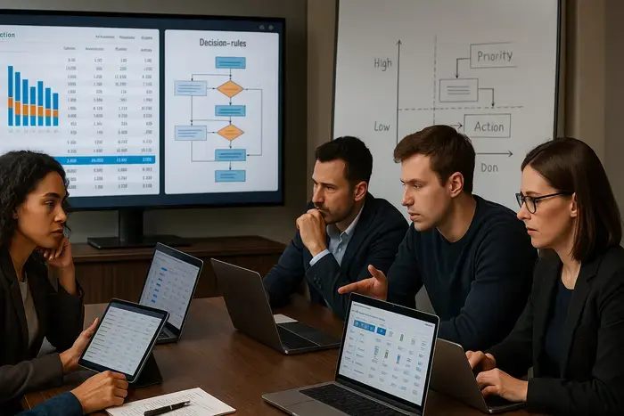 Team-Besprechung mit Analytics-Monitoring, Metriken-Analyse und Diskussion über Performance und Budgetallokation