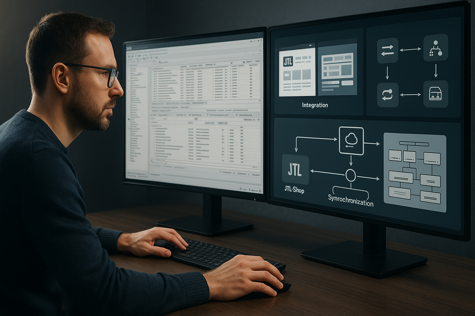 E-Commerce-Spezialist analysiert JTL-Systemlandschaft auf mehreren Monitoren, zeigt Wawi-Integration und Shop-Synchronisation, professionelle Arbeitsumgebung mit Diagrammen und Dashboard-Ansichten, technisch und strukturiert