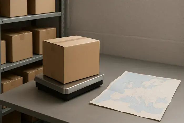 Neutraler Packtisch mit Versandpaketen und Europakarte für internationale Lieferprozesse