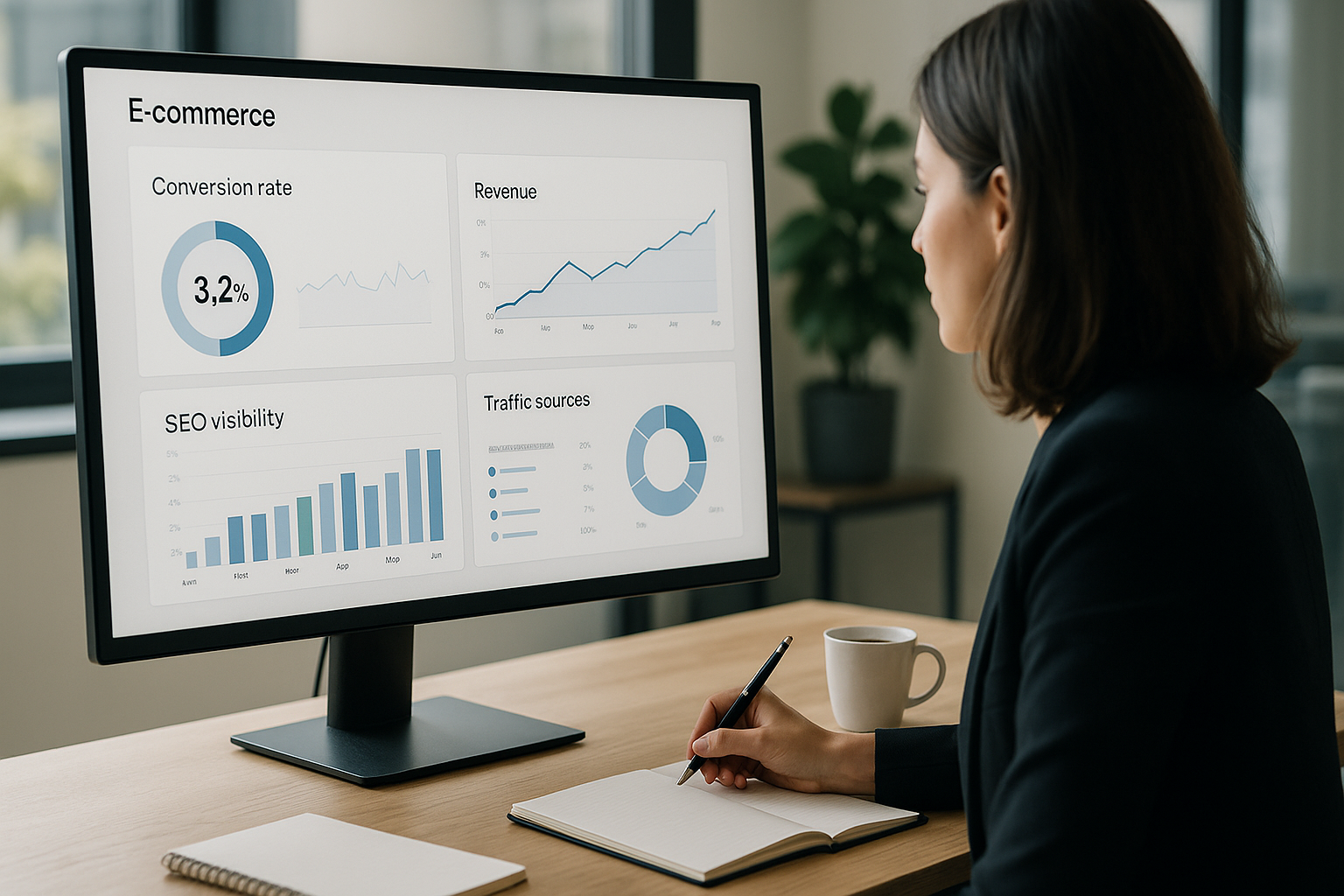 Arbeitsplatz mit Bildschirm zeigt E-Commerce-Dashboard mit Kennzahlen, Grafiken und Analysen zu Conversion, Umsatz und SEO-Sichtbarkeit in hellem Büro