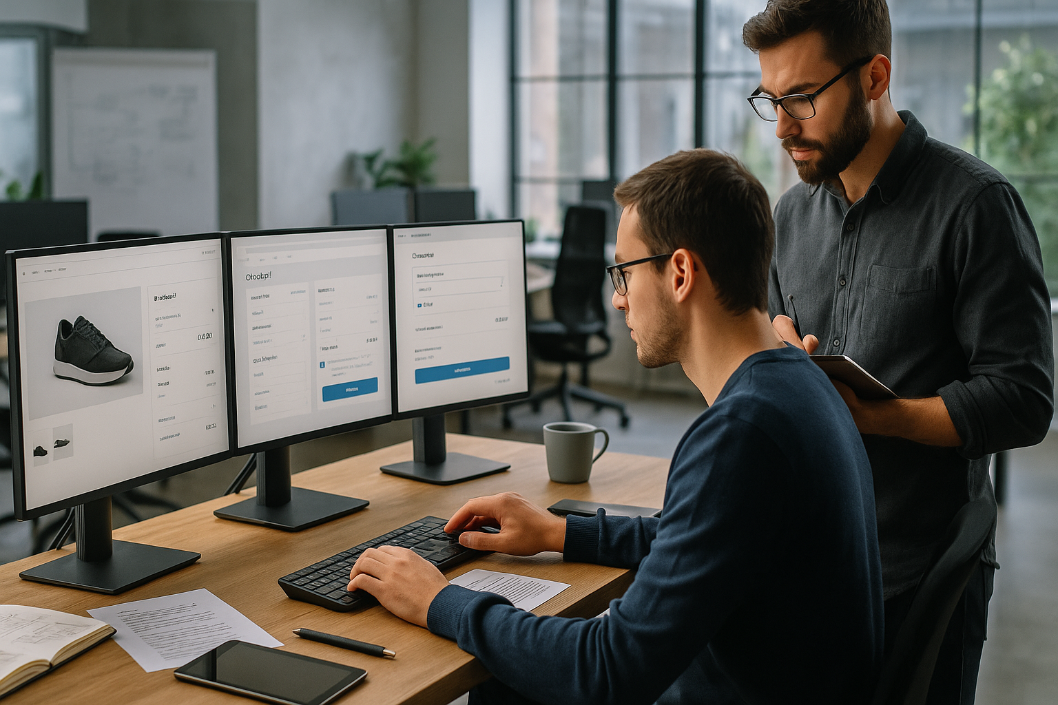 Zwei Entwickler testen gemeinsam vor mehreren Monitoren Checkout-Prozess und Zahlungsarten in Staging-Umgebung mit sichtbaren Testbestellungen und QA-Checklisten in hellem professionellem Büroumfeld mit konzentrierter Arbeitsatmosphäre