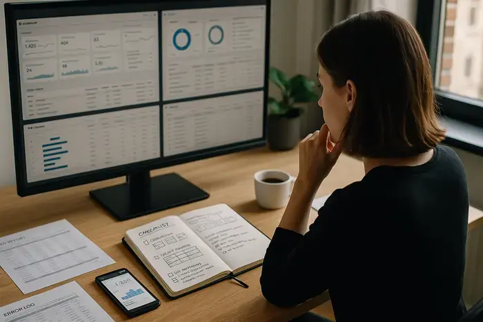 Person prüft Feed-Performance am Monitor mit Analytik-Daten, notiert KPI-Verbesserungen und optimiert Feed-Strategie mit Daten
