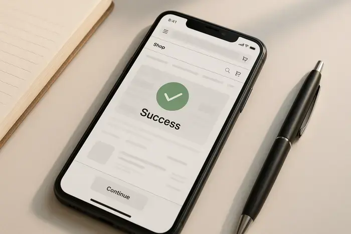 Smartphone mit neutralem mobilen Online-Shop und dezentem Erfolgshinweis