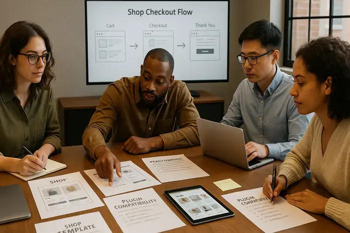 Diverse Team diskutiert Shop-Design mit ausgedruckten Vorlagen, Checklisten und Laptops zur Theme-Bewertung