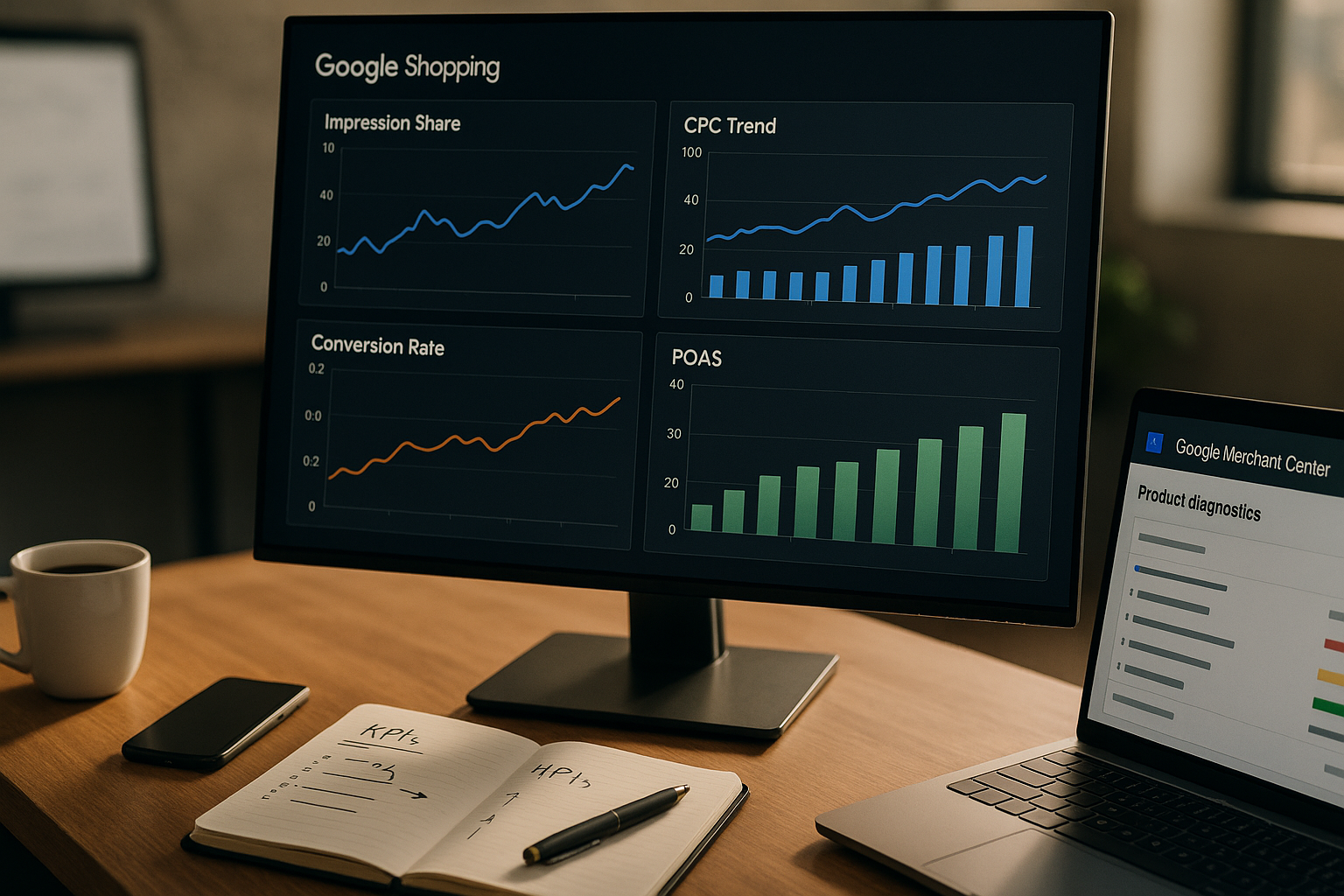 Detailansicht eines professionellen Monitoring-Dashboards auf großem Monitor, der Google Shopping Metriken zeigt: Impression Share, CPC-Entwicklung, Conversion Rate und POAS-Diagramme, daneben liegt aufgeklappter Laptop mit Merchant Center Diagnosen, Tasse Kaffee und Notizblock mit handschriftlichen KPIs, moderne Büroumgebung, warmes Tageslicht von der Seite