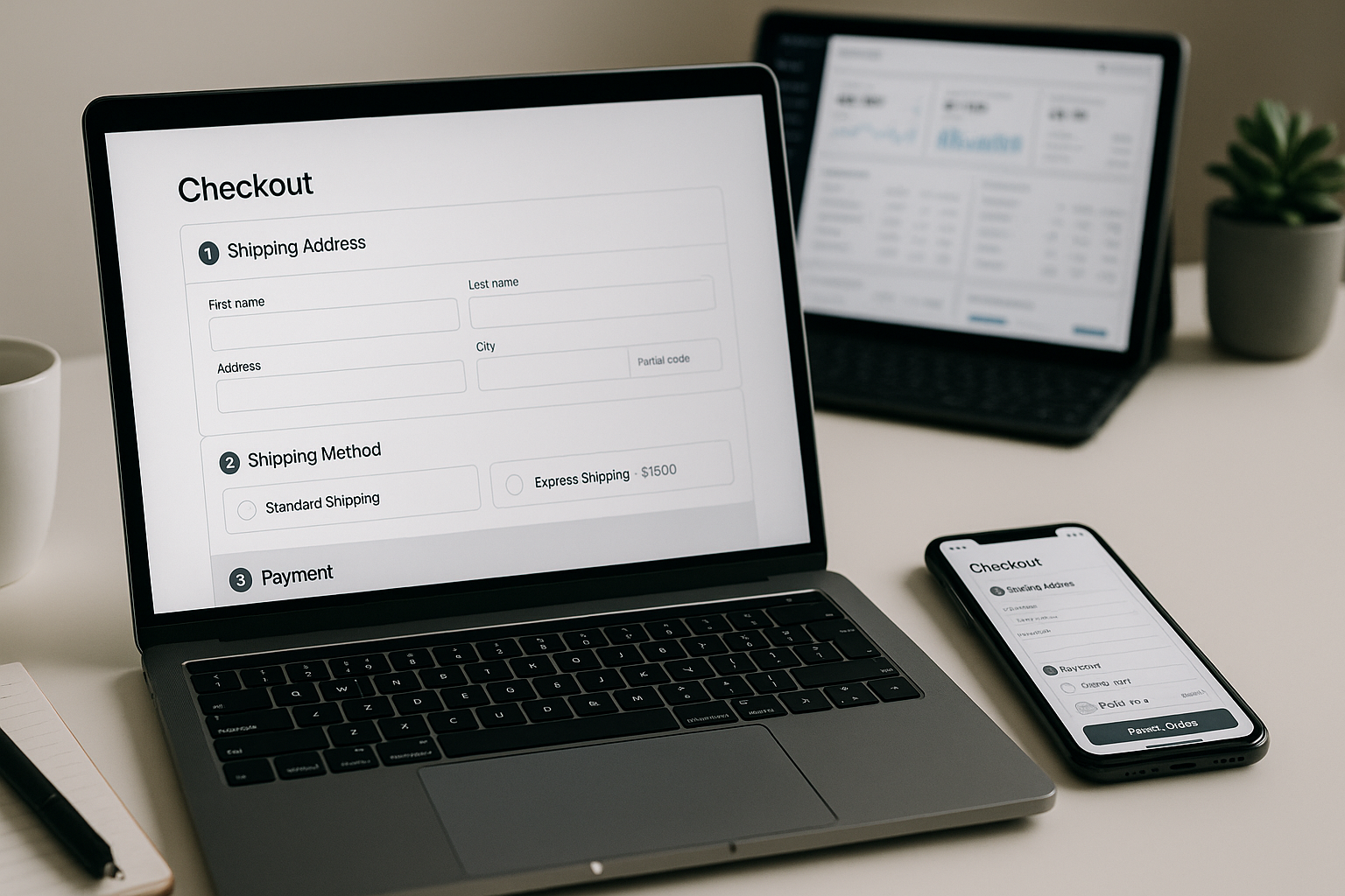 Detailansicht eines modernen Onlineshop-Checkouts auf Desktop und Mobilgerät, klare Schritte, Zahlungsarten-Icons, Versandoptionen, strukturiertes Layout, professionelle helle Atmosphäre