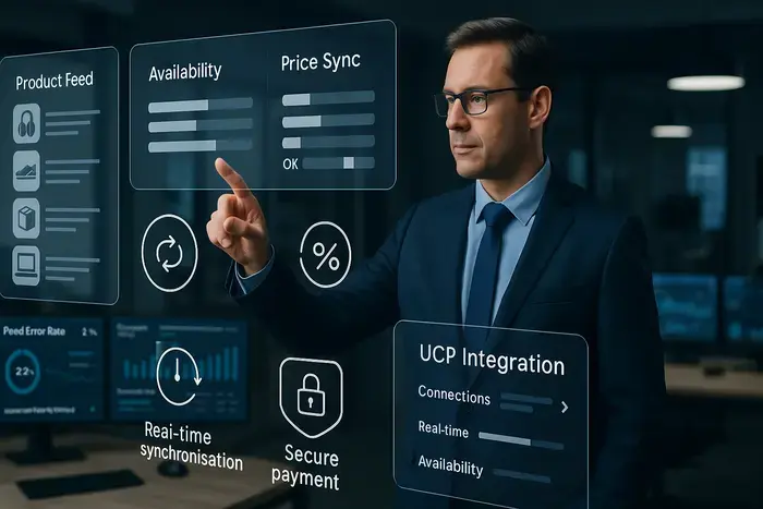 Projektmanager überwacht auf zwei Monitoren Live-API-Daten, Feed-Integration und Performance-Metriken für agentisches Shopping.