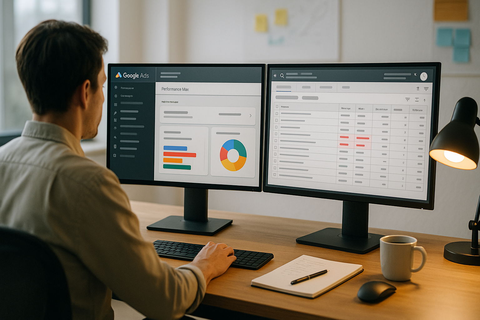 Person am Schreibtisch von hinten, zwei große Monitore zeigen Google Ads Dashboard mit Performance Max Einstellungen und Suchanfragen-Report mit Tabellen und Filtern, Notizblock mit handschriftlichen Notizen, Kaffeetasse, kabellose Maus, Schreibtischlampe mit warmem Licht, großes Fenster mit natürlichem Tageslicht von links, Whiteboard mit Post-its im Hintergrund, ruhige produktive Büroatmosphäre, fotorealistisch