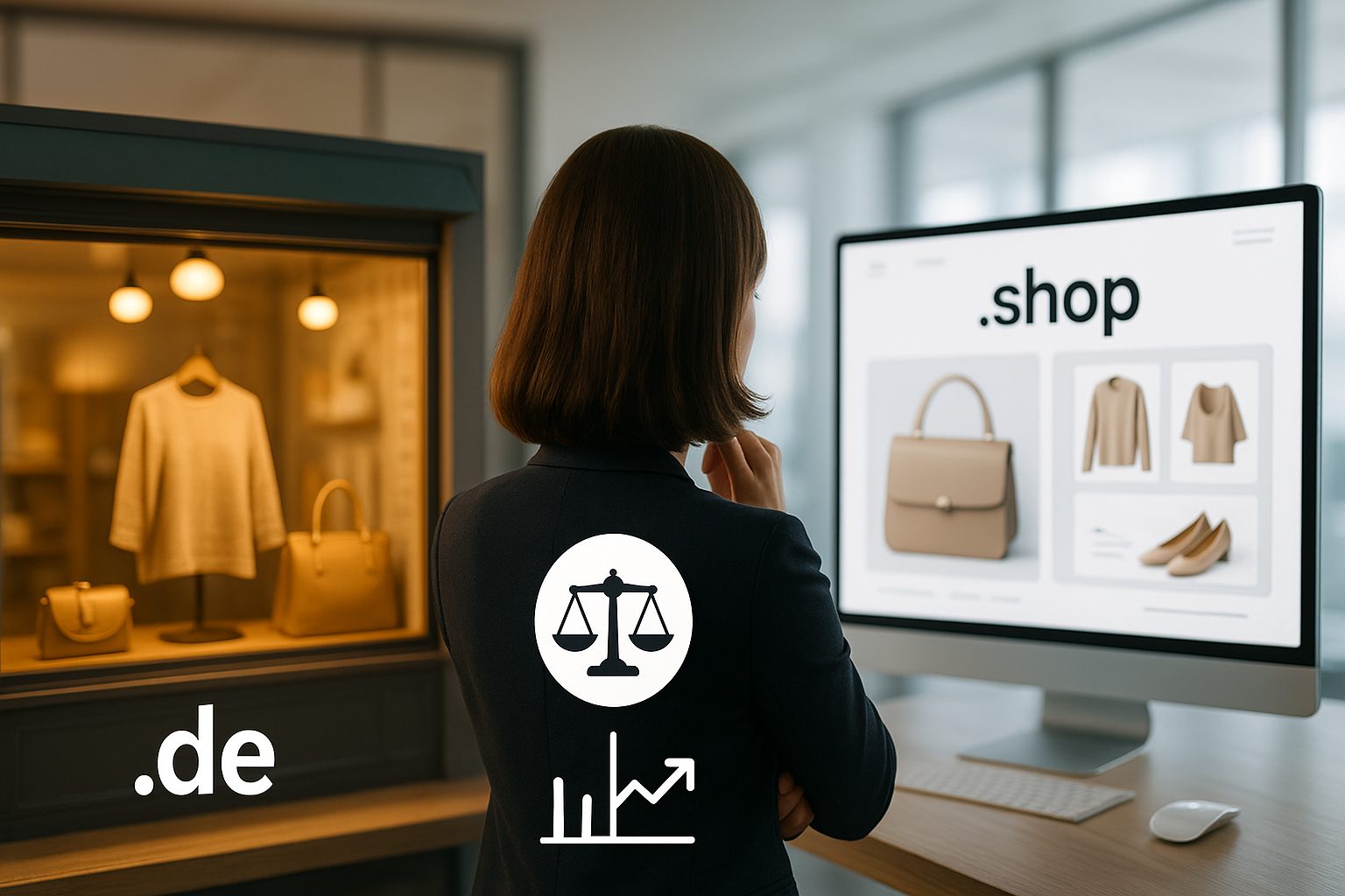Zwei Szenen nebeneinander: Links etablierter lokaler deutscher Shop mit .de-Domain und Schaufenster-Ästhetik. Rechts moderner internationaler Shop mit .shop-Domain. Dazwischen subtiles Analyse-Symbol. Person von hinten betrachtet beide Szenen nachdenklich. Modernes, helles Büro im Hintergrund.