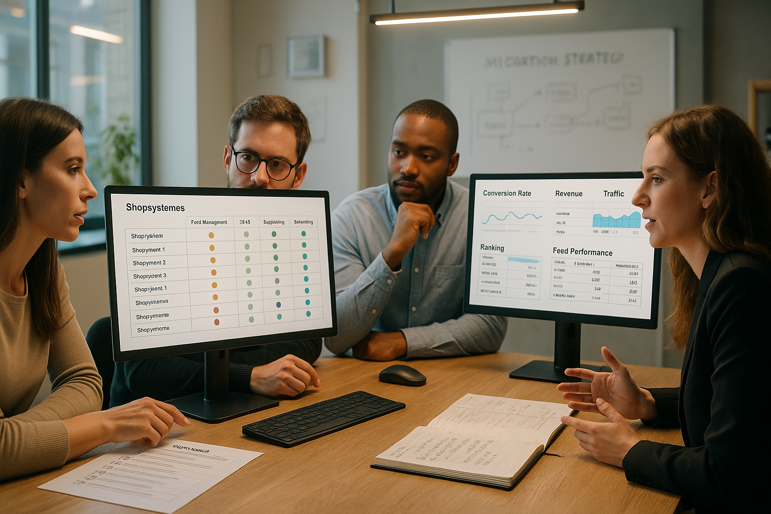 E-Commerce-Team analysiert Shopsystem-Vergleich mit Feed-Management, Kategorieseiten-Daten und Conversion-Metriken zur Auswahl der optimalen Lösung