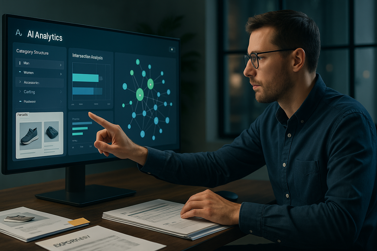 Ein Arbeitsbereich mit zwei Monitoren zeigt parallel ein AI-Analyse-Dashboard mit Kategorieüberschneidungen und Produktdaten sowie eine menschliche Qualitätskontrolle mit Freigabe-Markierungen und Optimierungsnotizen