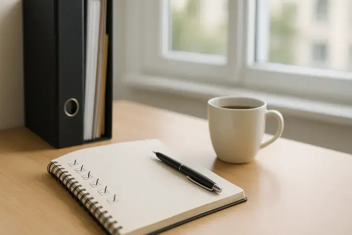 Notizblock mit Häkchen und Checkmarks auf einem Schreibtisch, daneben Stift und Kaffeetasse.