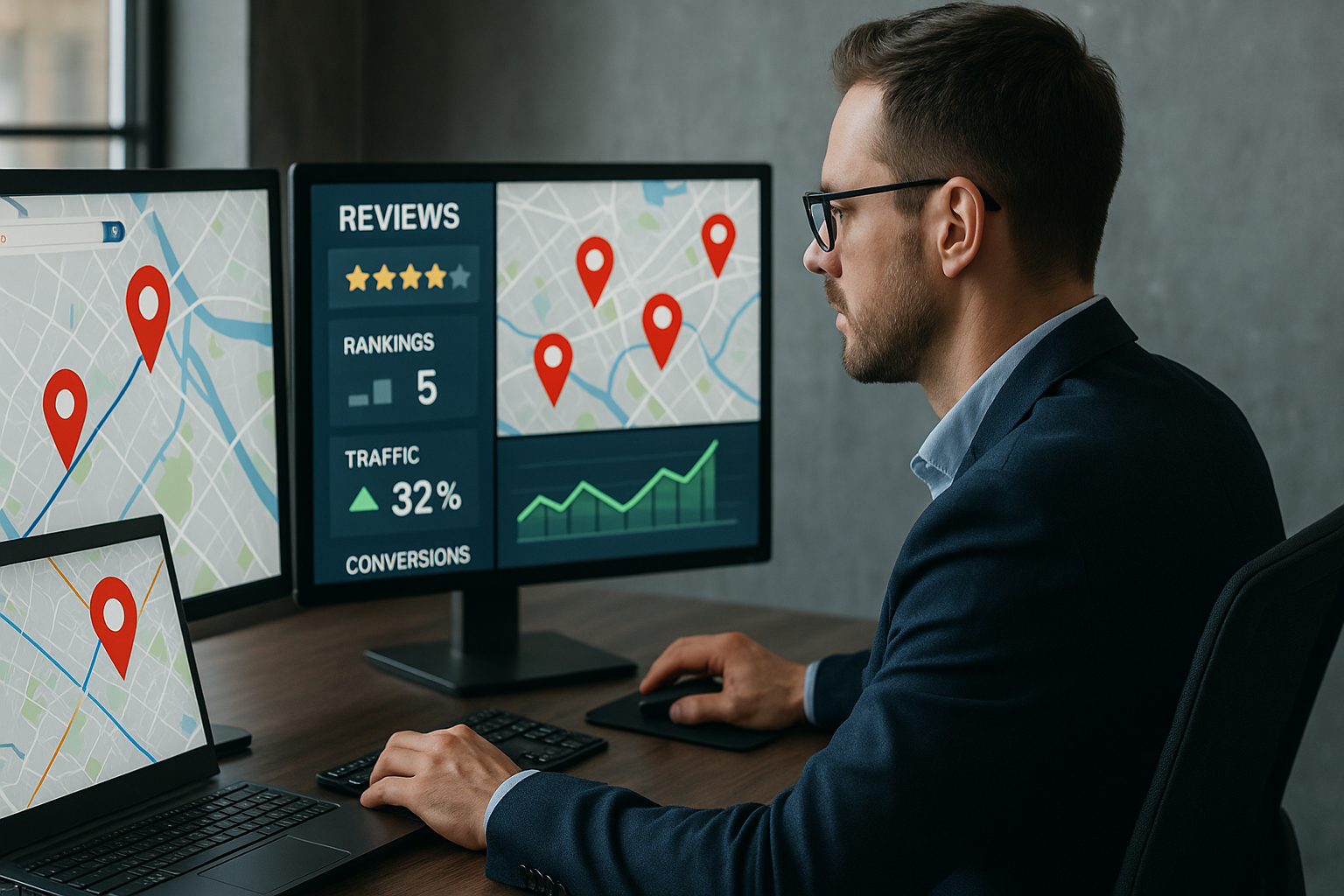Strategische Übersicht zeigt lokale Suchmaschinen-Rankings mit Filialkarten, Google-Profilen und optimierten Standortseiten auf einem Dashboard
