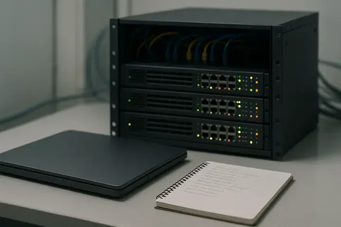 Server-Rack und Notizblock als Symbol für die technische Analyse eines Shopware-Fehlers