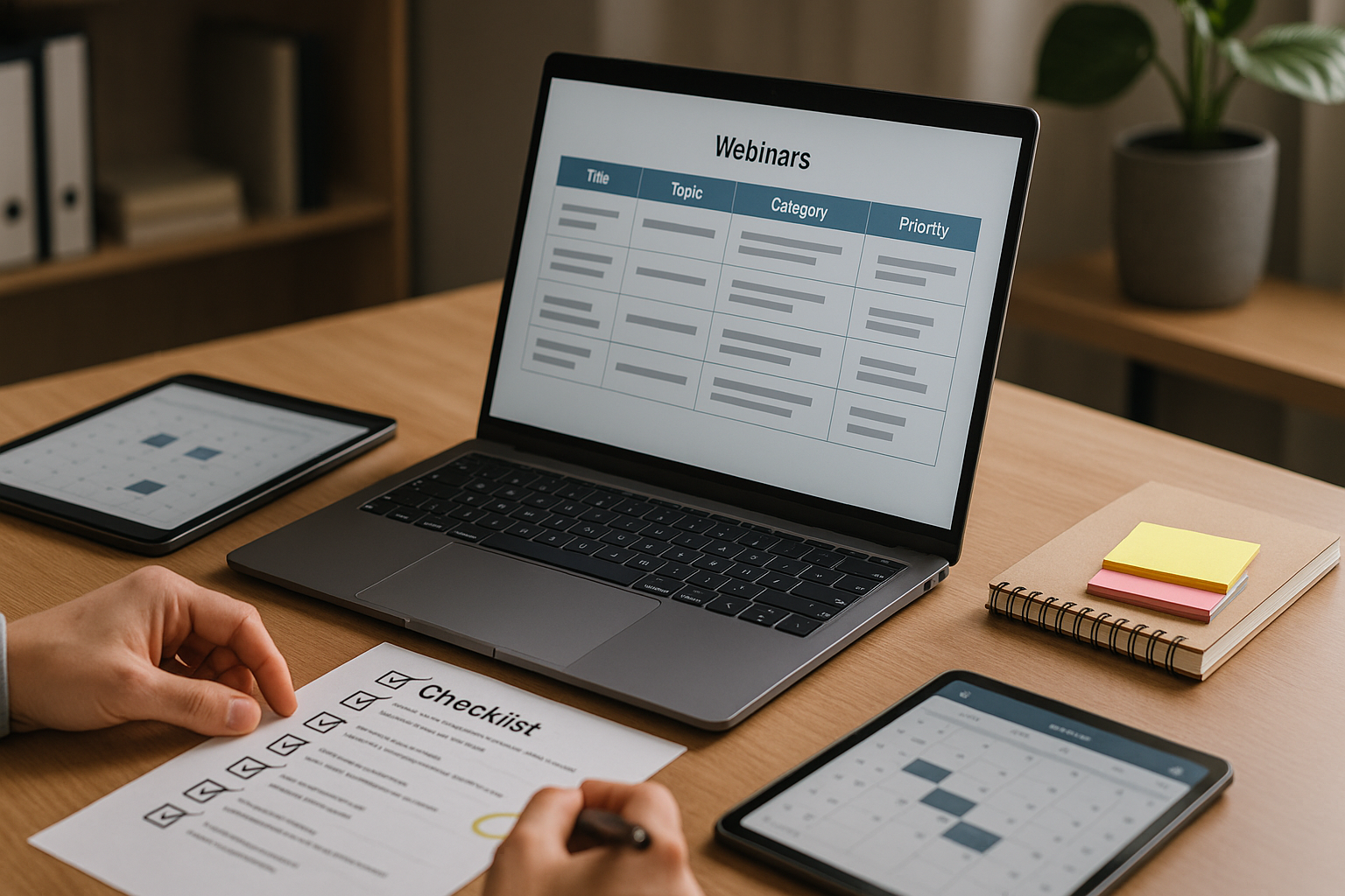 Professionelle Auswahl und Bewertung von Webinar-Inhalten, Checkliste und Notizen auf Schreibtisch, Laptop mit Webinar-Übersicht, strukturierte Arbeitsumgebung, helles Büro, konzentrierte Atmosphäre