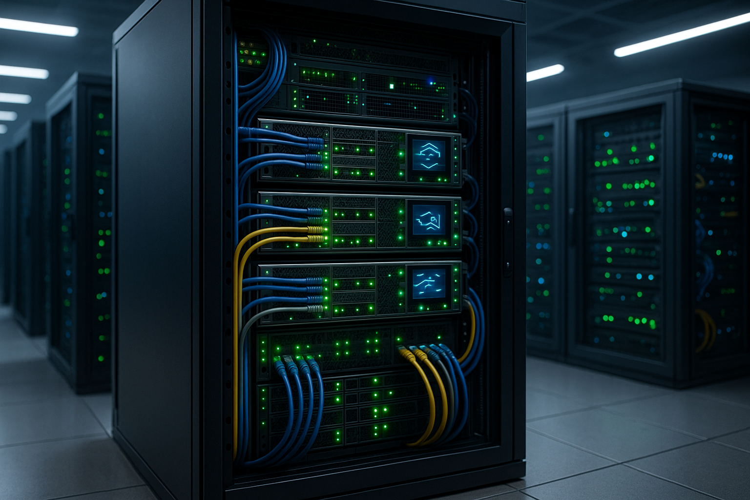 Detailaufnahme eines modernen Rechenzentrums mit Serverracks, strukturierten Netzwerkkabeln und blinkenden Status-LEDs, professionelle Infrastruktur in kühler Beleuchtung, technisch präzise und hochwertig fotografiert