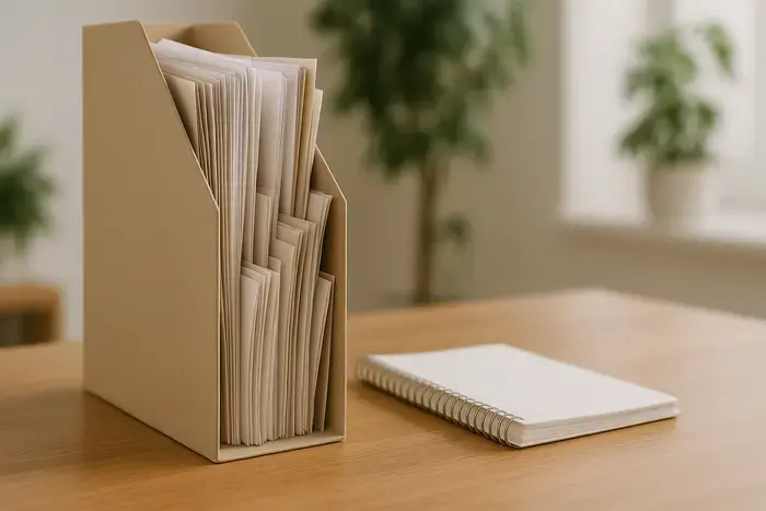 Dateiablage mit sortierten Papierstapeln auf Holzschreibtisch, symbolisiert organisierte Datenverwaltung